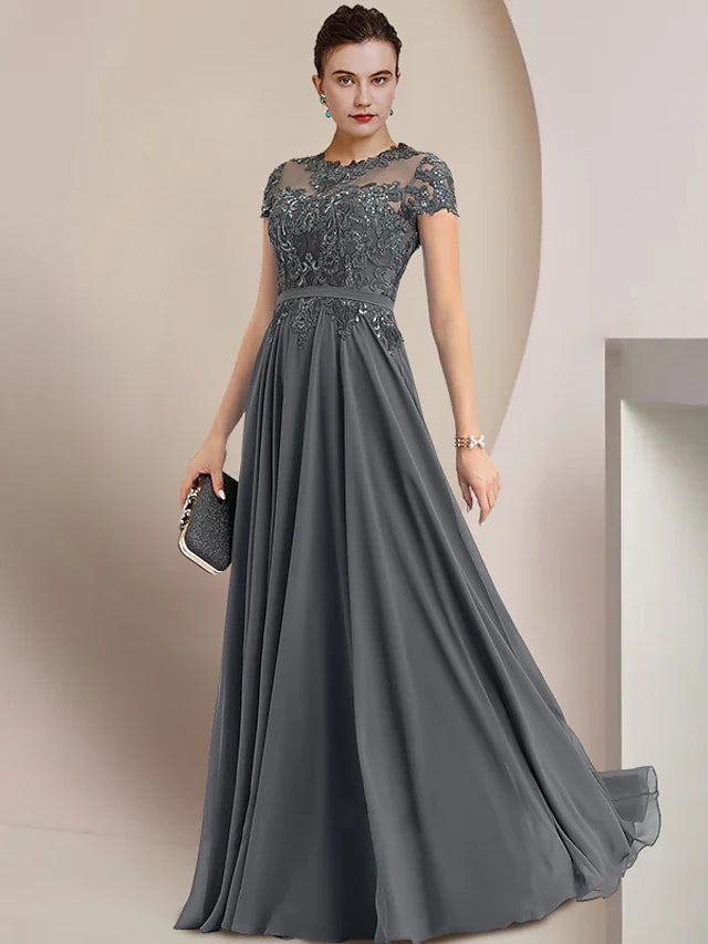 Wholesale Sheath / Column Mother of the Bride Dress Wedding Guest Party Elegant Jewel Neck Floor Length Chiffon Lace Short Sleeve with Pleats Sequin